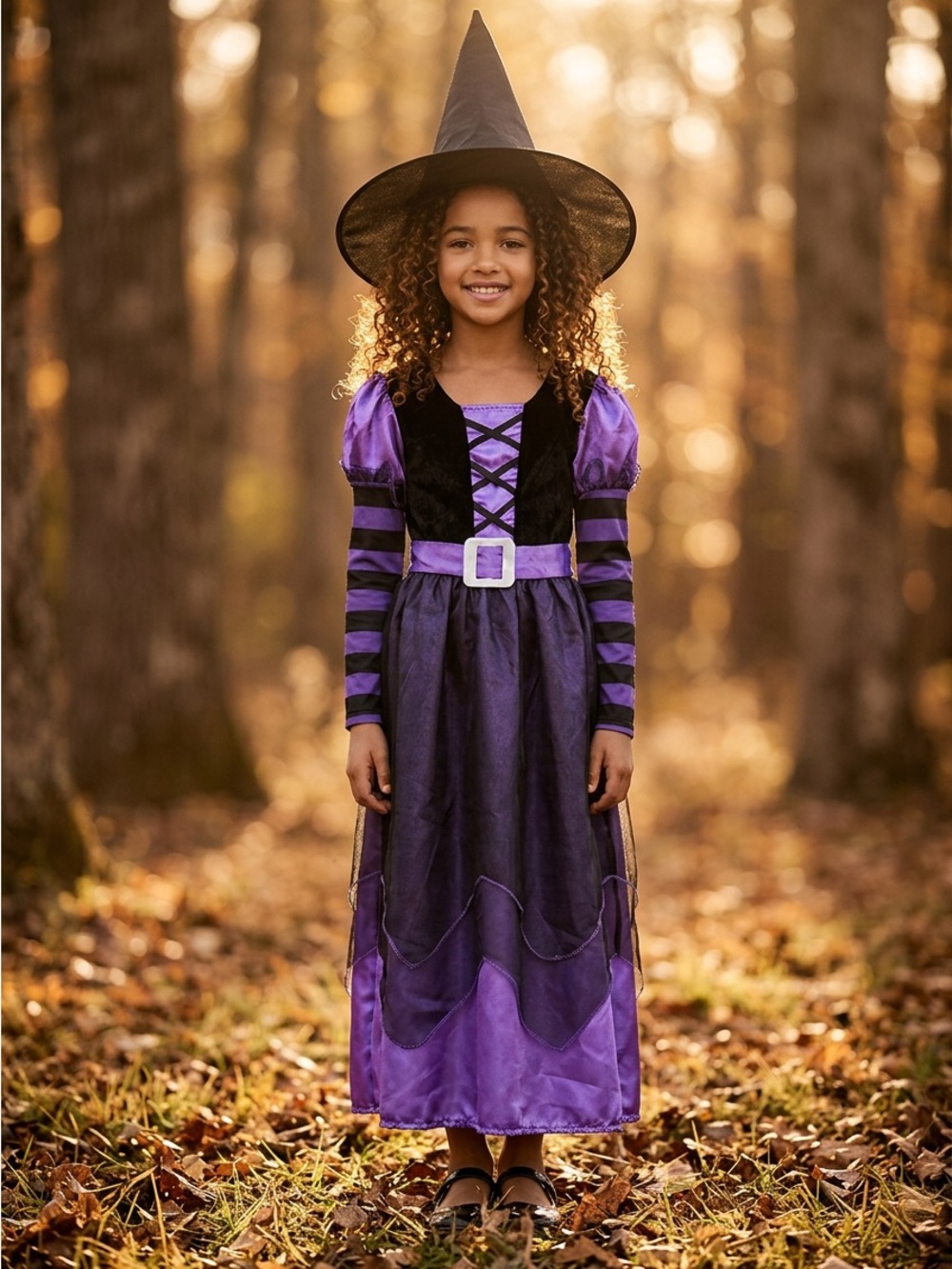 Purple and Black Girls' Witch Costume Dress with Hat